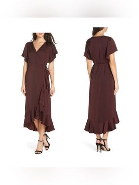 Chelsea28 Medium Burgundy‎ Ruffle True Wrap Flutter Sleeve Midi Dress